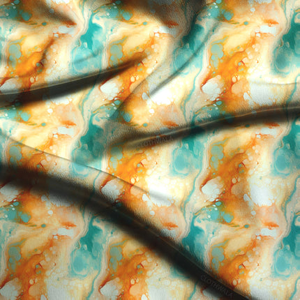 Hotpick Aqua Abstract Flame Marble Soft Crepe Printed Fabric