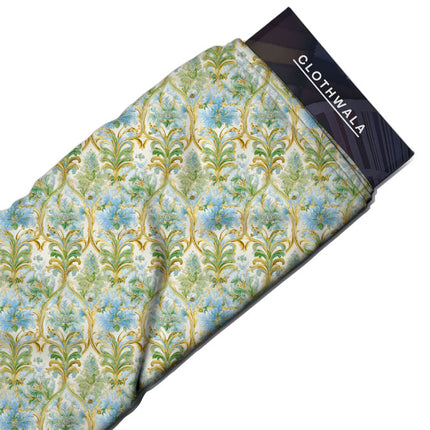 Trendy Azure Floral Flourish Soft Crepe Printed Fabric