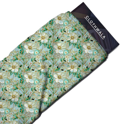 Trendy Aqua Floral Whisper Soft Crepe Printed Fabric
