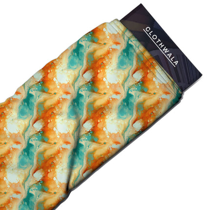 Hotpick Aqua Abstract Flame Marble Soft Crepe Printed Fabric