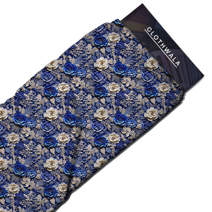 Exclusive Baroque Floral Blue Rose Tapestry Soft Crepe Printed Fabric